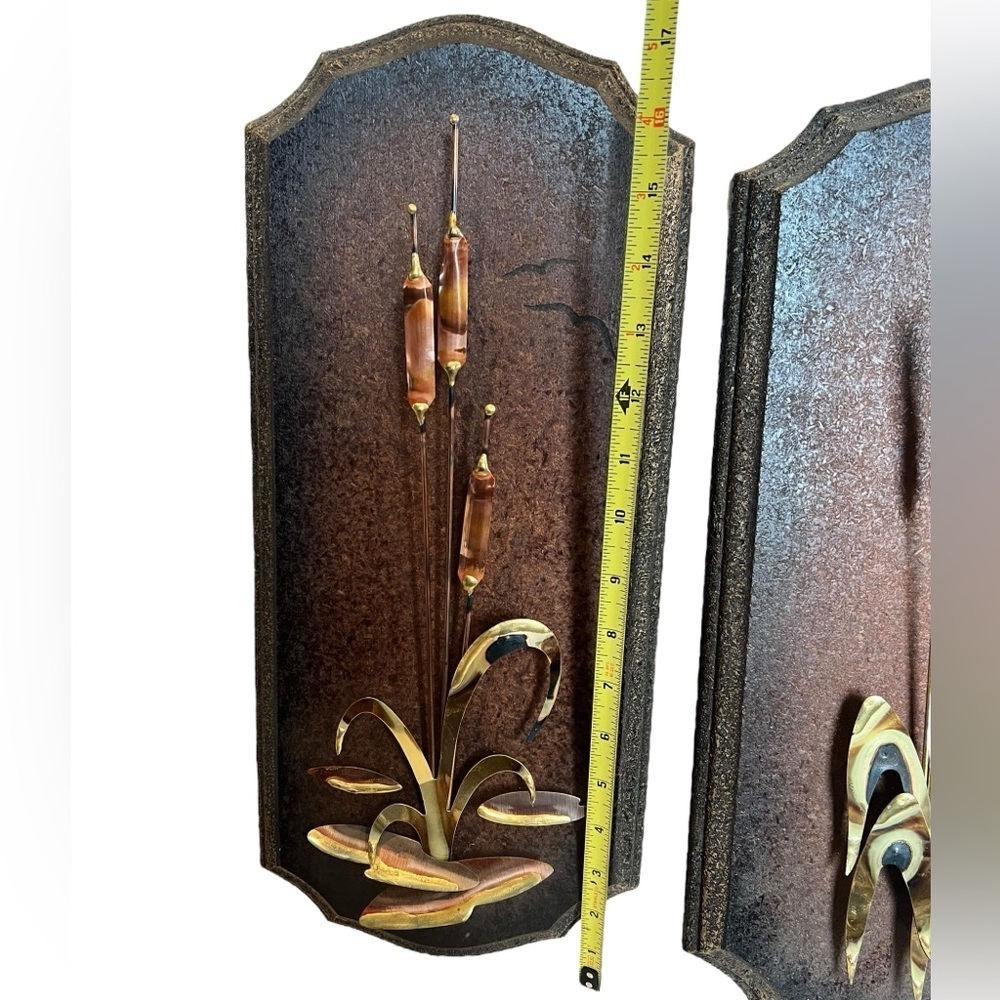 Vintage MCM Cattail Copper Brass Wooden Wall Plaques Decor Retro - Picture 7 of 9